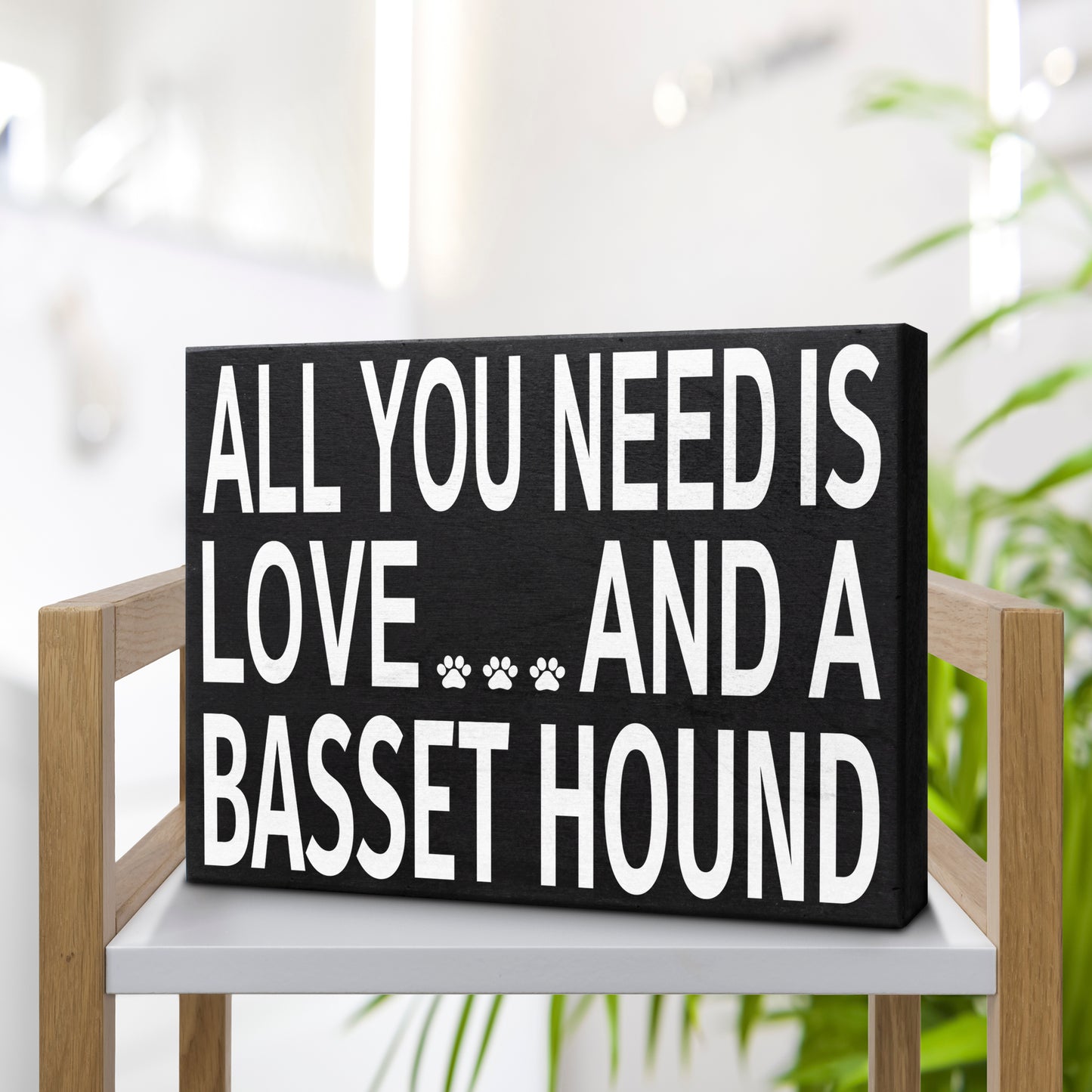 JennyGems - All You Need is Love and a Basset Hound- Wooden Stand Up Box Sign - Basset Hound Gift Series, Basset Hound Moms, Basset Hound Lovers, Shelf Knick Knacks